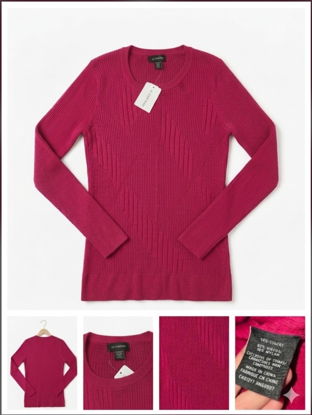 le chateau Fuchsia Ribbed Crewneck Sweater